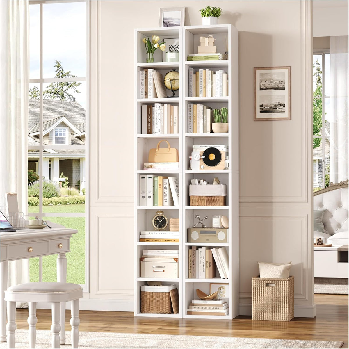 FOTOSOK White Bookshelf 8-Tier Narrow Bookshelf, 11.6 X 9.3 X 70.9 Tall CD DVD Media Tower Rack with 4 Adjustable Shelves, Tall Narrow Bookcase Slim Display Bookshelf with Cube Storage for Home Office