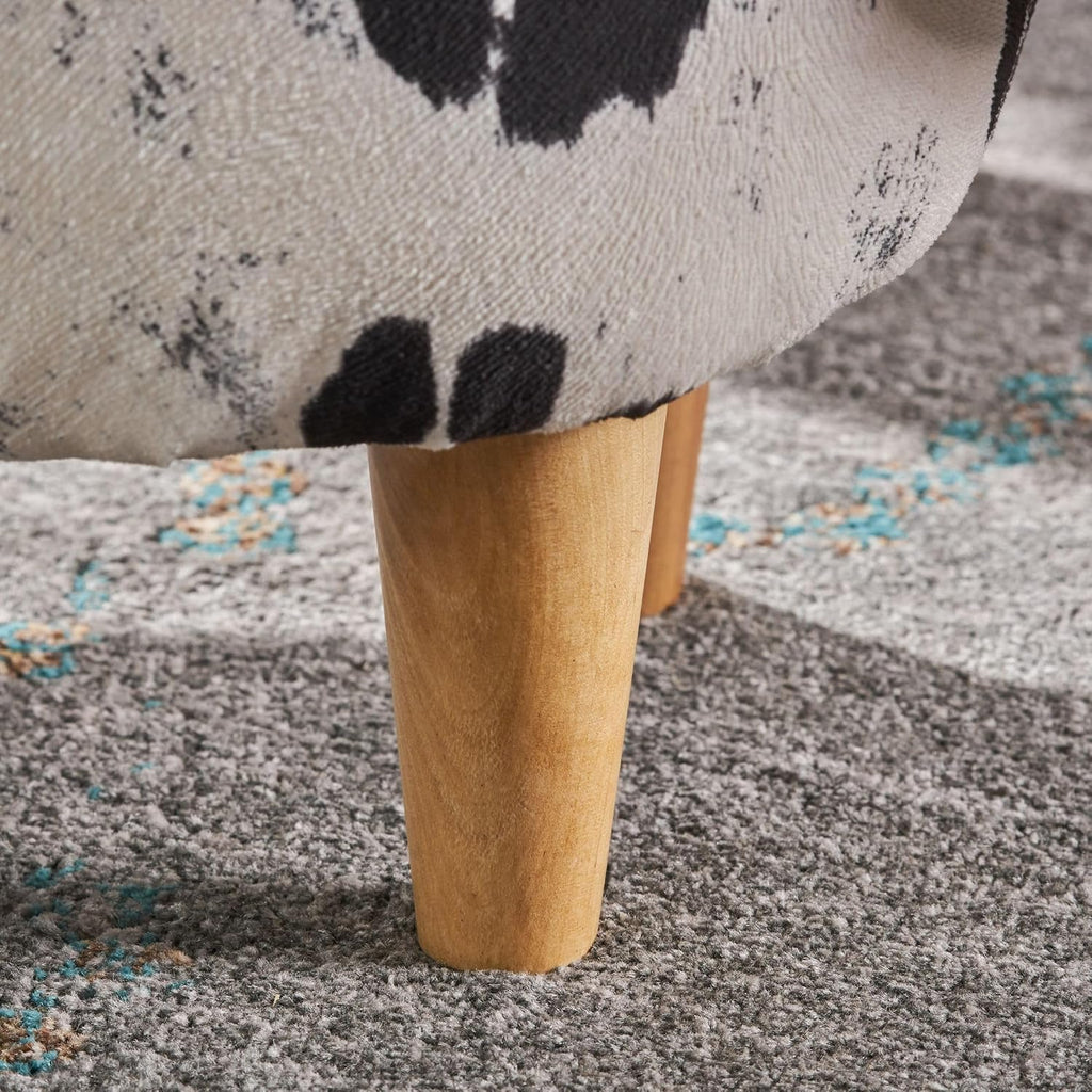 Modern Ottoman, Cow-Shaped Velvet Accent Footstool with Birch Legs for Living Room, Bedroom, Porch, Garden, Balcony Decor, Artsy Animal Print Foot Stool, Cute Foot Rest for Couch Sofa(Black + White