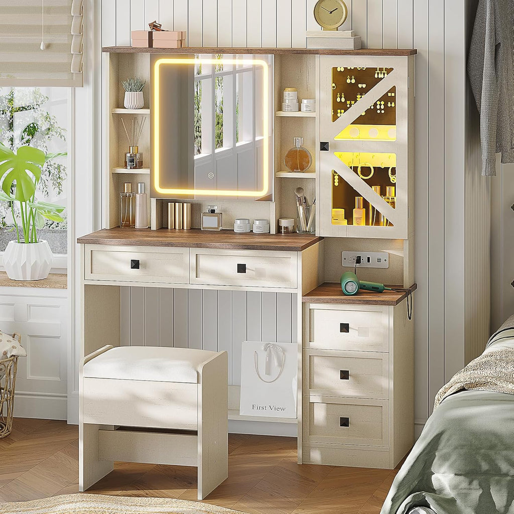 AOGLLATI Farmhouse Vanity Desk with Mirror and Lights, Makeup Vanity Set with Lights & Jewelry Cabinet & 5 Drawers, Vanity Table with Charging Station, Hidden Storage Space for Bedroom, Antique White