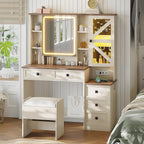 AOGLLATI Farmhouse Vanity Desk with Mirror and Lights, Makeup Vanity Set with Lights & Jewelry Cabinet & 5 Drawers, Vanity Table with Charging Station, Hidden Storage Space for Bedroom, Antique White