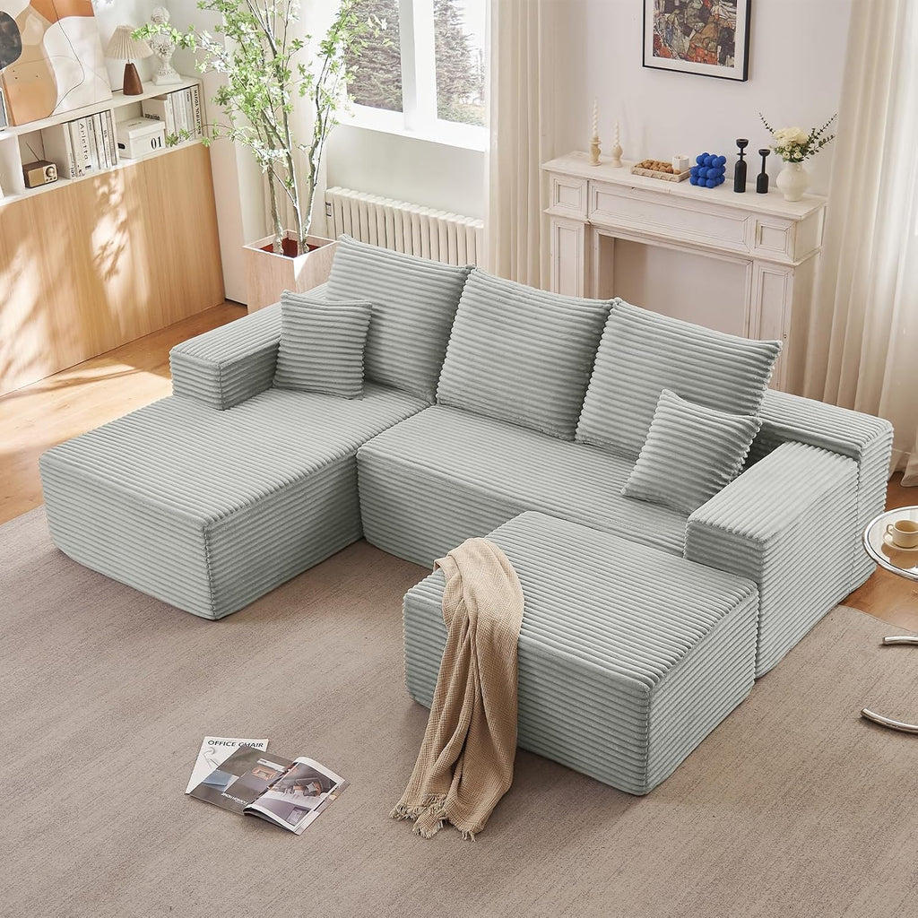 Lakifun 107" L-Shape Sofa with Ottoman, Modern Modular Sectional Comfy U-Shape Cloud Couch, Deep Seat, Upholstered Corduroy Sleeper Chaise Longue for Living Room Bedroom, No Assembly Required, Grey