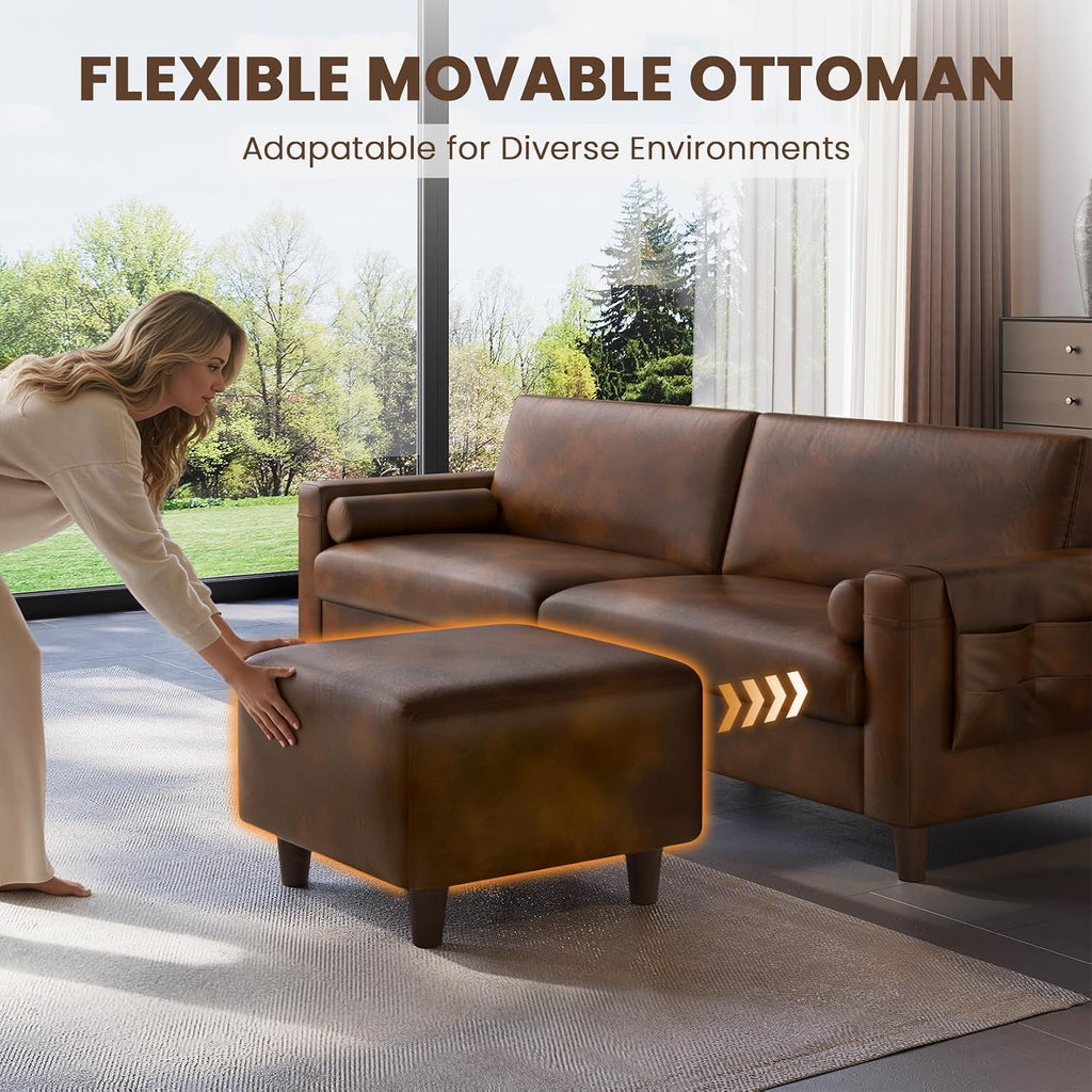 Vesgantti 100" L-Shaped Faux Leather Sectional Couch, Wide Seating, Cocoa | 3 Seater with Movable Ottoman, Mid Century Modern Modular Sofa for Living Room, Apartment, Easy to Assemble, Side Pocket