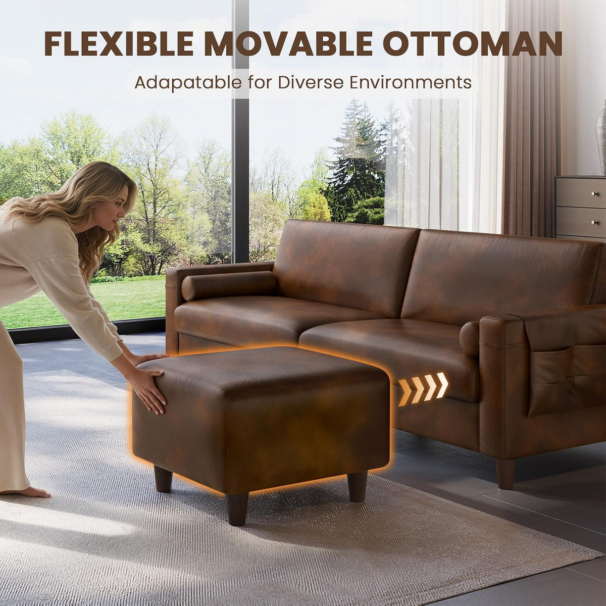 Vesgantti 100" L-Shaped Faux Leather Sectional Couch, Wide Seating, Cocoa | 3 Seater with Movable Ottoman, Mid Century Modern Modular Sofa for Living Room, Apartment, Easy to Assemble, Side Pocket