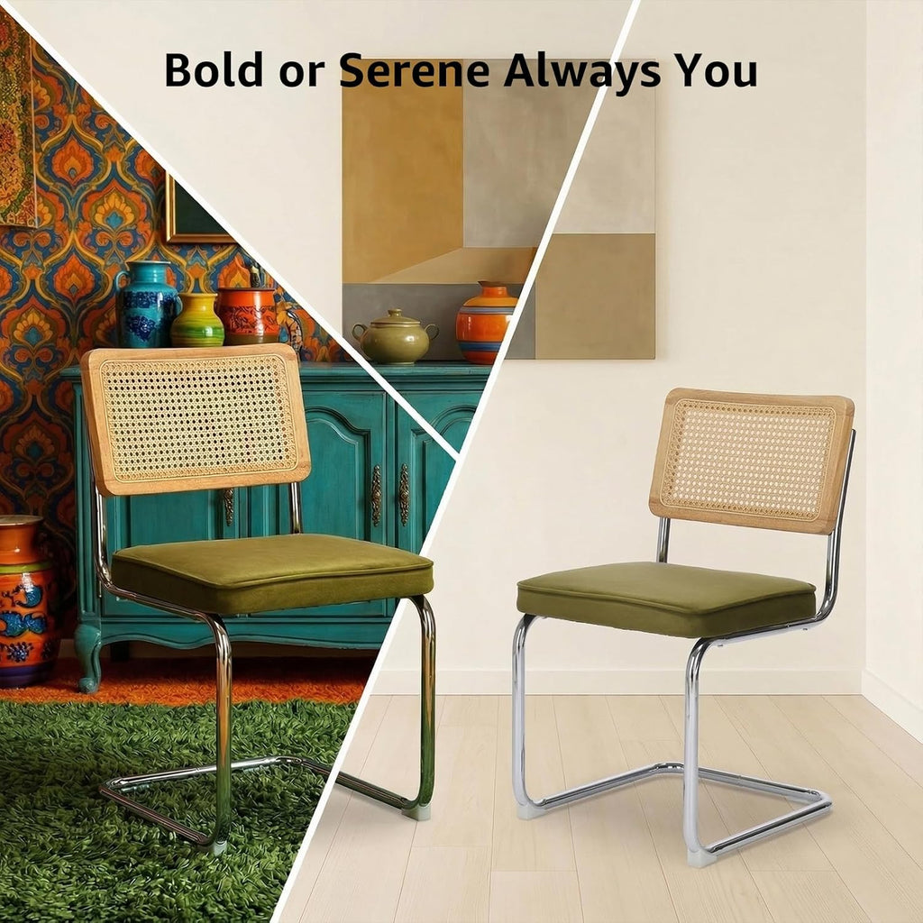 Rattan Dining Chairs Set of 4, Mid-Century Modern Dining Room Chairs with Cane Back, Velvet Upholstered Seat & Chrome Cantilever Frame, Sillas de Comedor, Kitchen & Dining Room Chairs (Green)