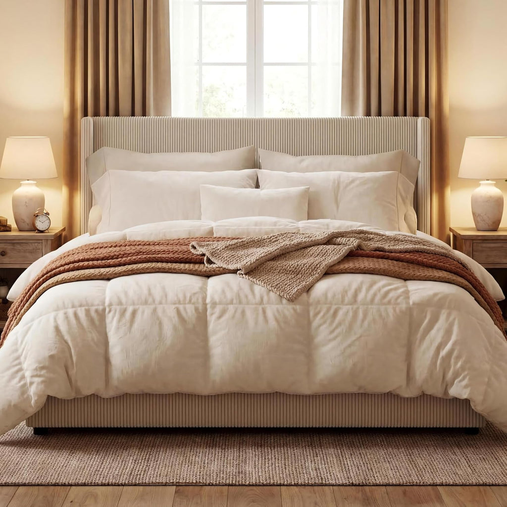 GarveeHome King Beige Storage Bed Frame, Corduroy Upholstered Platform Bedframe with 4 Drawers and Headboard, No Box Spring Needed, Easy Assembly