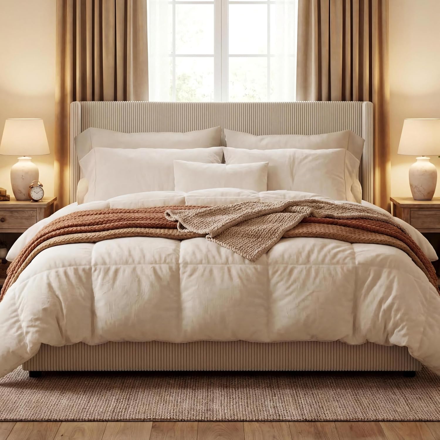 GarveeHome King Beige Storage Bed Frame, Corduroy Upholstered Platform Bedframe with 4 Drawers and Headboard, No Box Spring Needed, Easy Assembly
