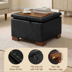 24 Inch Square Storage Ottoman Coffee Table, Modern Tufted Upholstered Ottoman with Flip Tray and Solid Wood Legs, Suitable for Living Rooms, Faux Leather Black