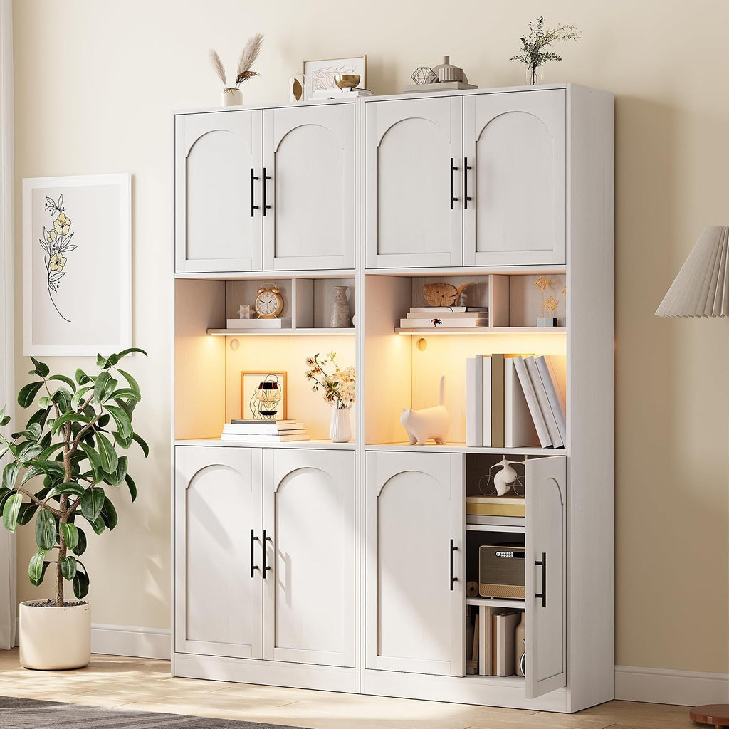 GarveeHome 71" Tall Pantry Cabinet with Countertop, Kitchen Cabinets with LED Light Strip & Microwave Shelf, Kitchen Hutch Storage Cabinet with Adjustable Shelves for Dining Room, White