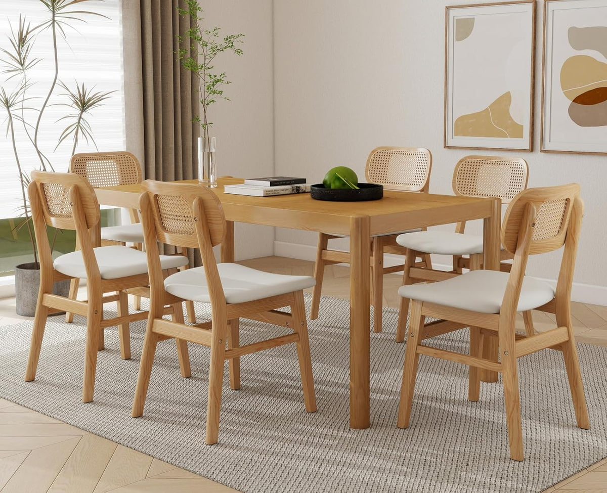 Shunzhi Rattan Dining Chairs Set of 6 Farmhouse White PU Leather Dining Room Chairs with Cane Back Mid Century Modern Kitchen Chairs Wooden Upholstered Boho Side Chair for Restaurant