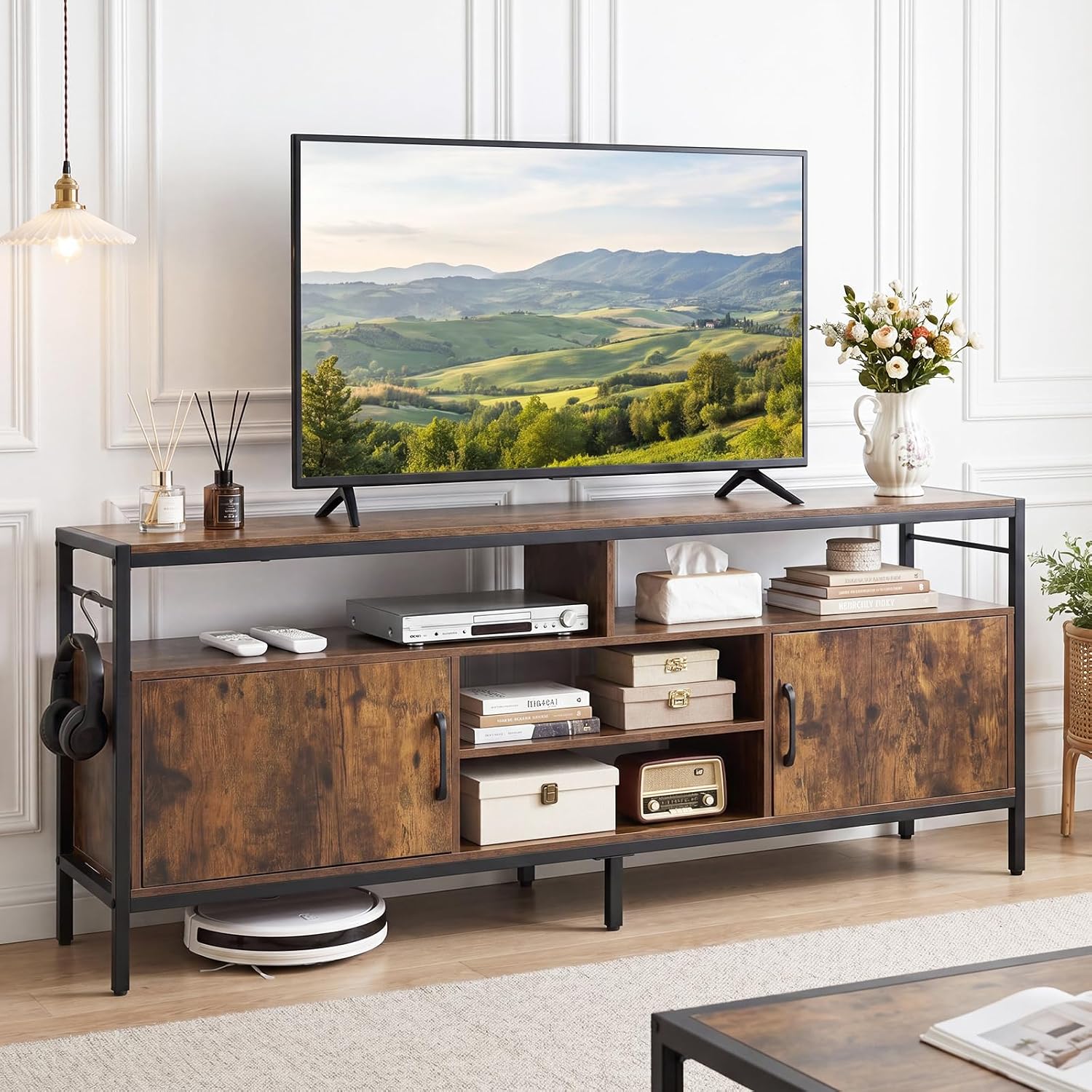 Tangkula Industrial TV Stand for TVs up to 65”, Entertainment Center with 2 Storage Cabinets & 4 Open Shelves, Wooden TV Cabinet with Raised Metal Legs, Media TV Console Table (Backless, Rustic Brown)