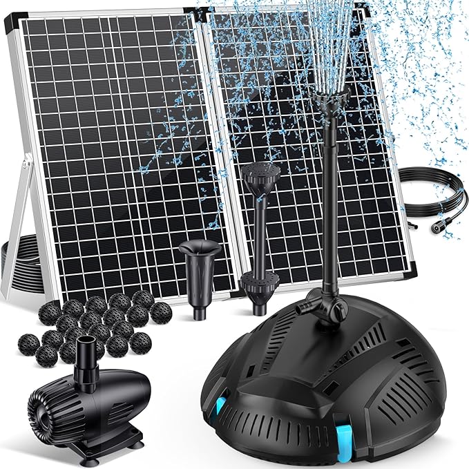 POPOSOAP 70W Solar Pond Filter with Fountain Pump, Solar Powered Water Pump with 580GPH Pond Filter for Outdoor Ponds, Adjustable Diverter Valve for Koi Ponds, Waterfalls, Garden Water Features