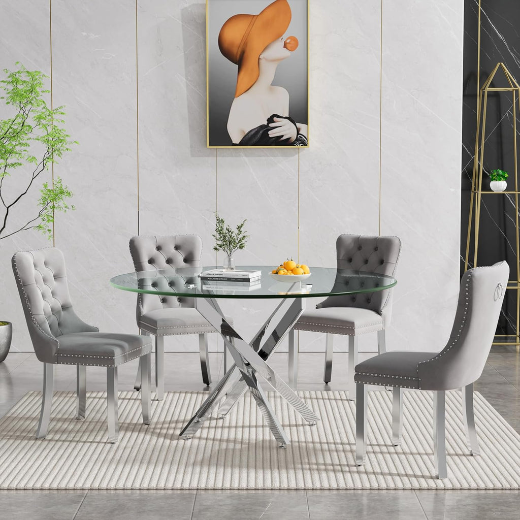 Round Glass Dining Table Set for 4, Small Kitchen Table Set for 4, 47" Round Glass Table and Chairs Set of 4, 5 Piece Round Dining Room Table Set with Grey Velvet Chairs for Breakfast Dinette Cafe