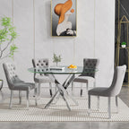 Round Glass Dining Table Set for 4, Small Kitchen Table Set for 4, 47" Round Glass Table and Chairs Set of 4, 5 Piece Round Dining Room Table Set with Grey Velvet Chairs for Breakfast Dinette Cafe