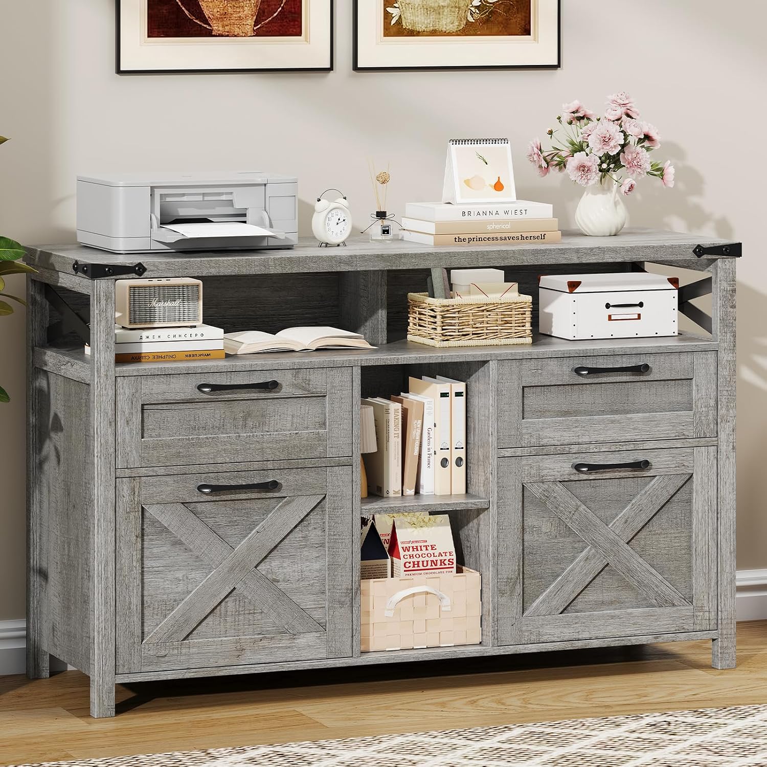 Halitaa File Cabinet with Open Storage Shelf for Home Office, Gray | Farmhouse, Lateral Filing Organization Storage Cabinets, 4 Drawers, Adjustable Shelf, Hanging Files Letter/A4