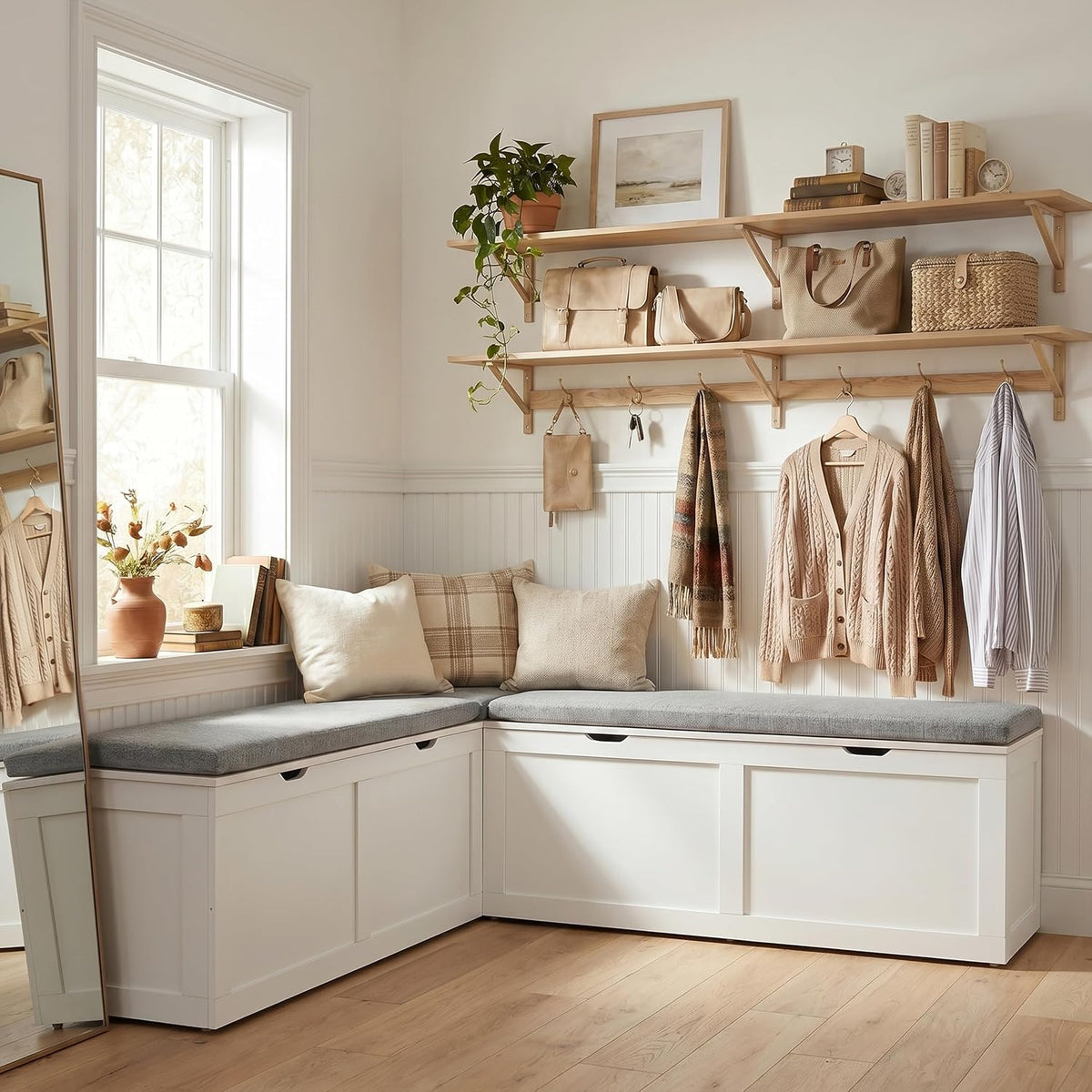 63” Breakfast Nook Bench, L Shaped Storage Bench with Cushion, White | Corner Bench for Kitchen Dining Room and Entryway, Space Saving Kitchen and Dining Nook Bench, Farmhouse Style