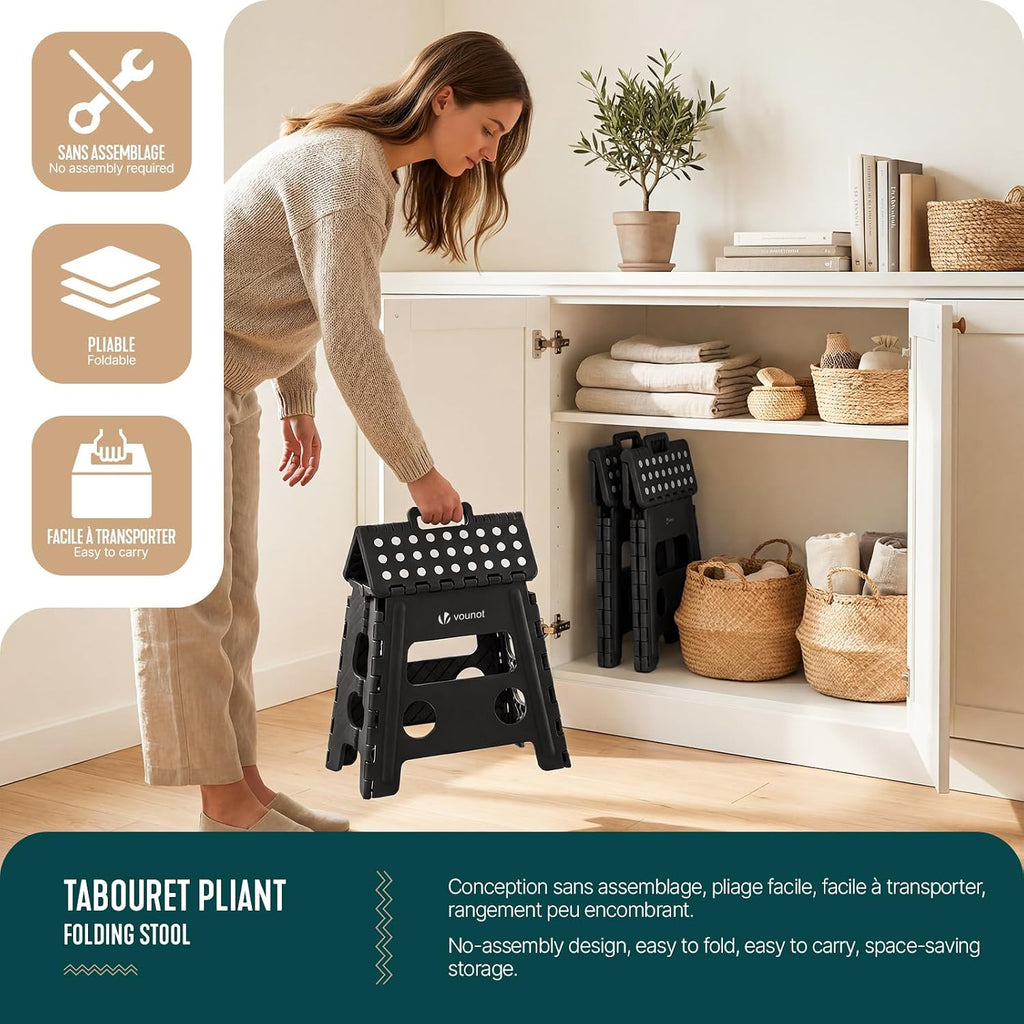 VOUNOT® Folding Step Stool, Portable Stepping Stool with Carrying Handle, Anti-Slip Folding Stool for Bathroom, Garden, Camping, Home, 37 x 30 x 32.5 cm, Black