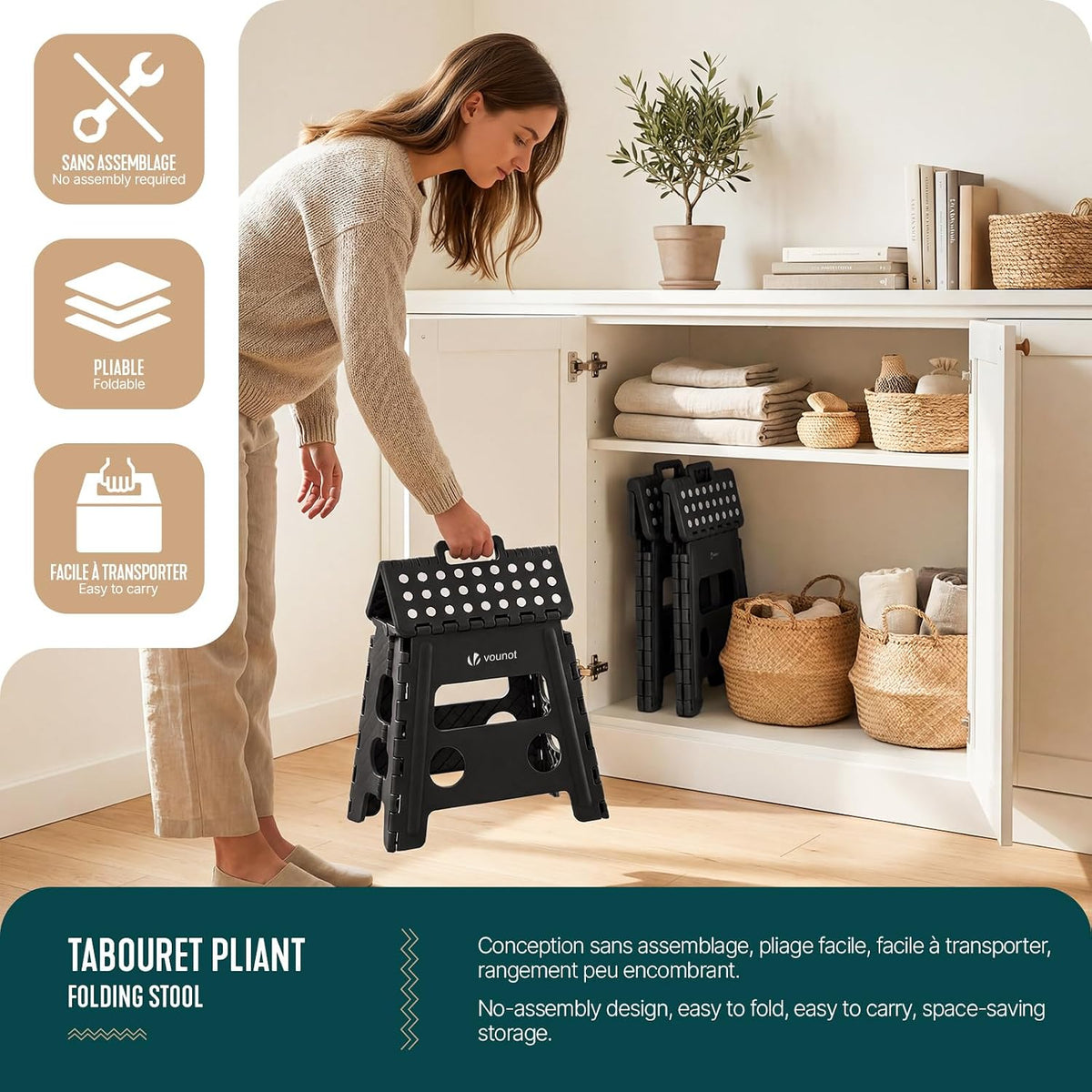 VOUNOT® Folding Step Stool, Portable Stepping Stool with Carrying Handle, Anti-Slip Folding Stool for Bathroom, Garden, Camping, Home, 37 x 30 x 32.5 cm, Black