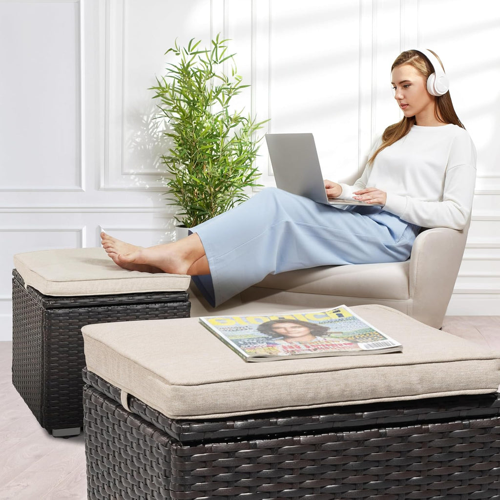 NUU GARDEN Outdoor 2 Piece Outdoor Patio Ottoman, All Weather Rattan Wicker Ottoman Seat, Outdoor Footstool Footrest Seat with Removable Cushion, for Patio, Backyard, Side Table, Black and Beige