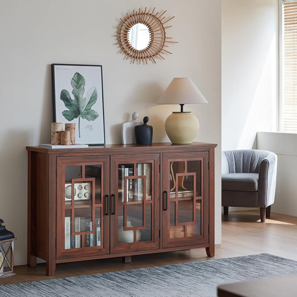 Joaxswe Large Sideboard Buffet Cabinet with Storage, 55" Farmhouse Credenza with 3 Glass Doors, Adjustable Shelves Console Table, Wood Kitchen Coffee Bar for Dining Room, Living Room, Brown
