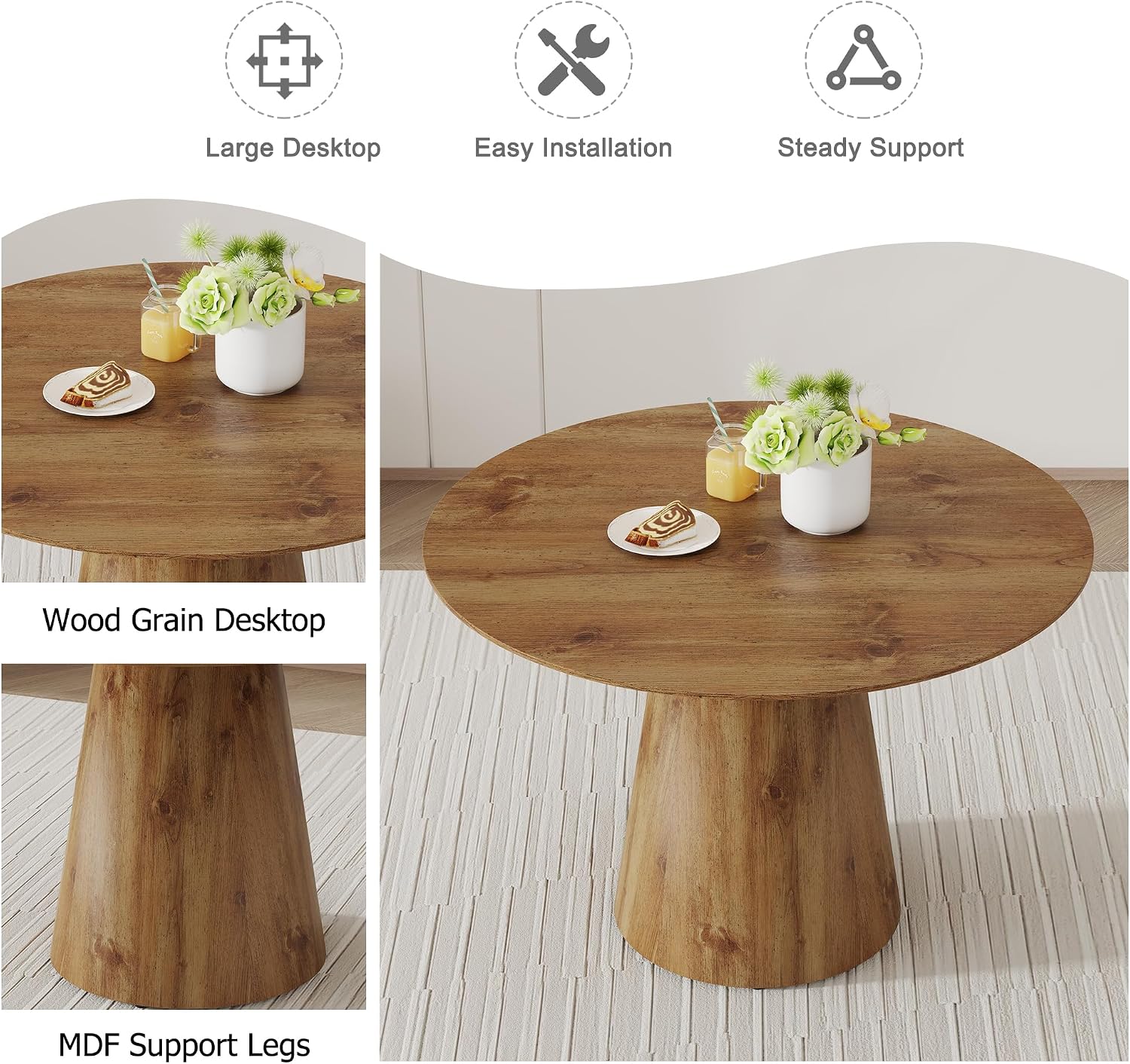 Round Dining Table for 4/6, 45 Inch Dining Room Table, Small Kitchen Table with Stable Pedestal, Modern Dining Table for Kitchen,Living Room,Apartment,Restaurant (Dark Wood)
