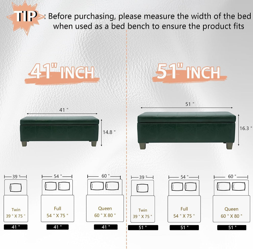 51 Inch Storage Ottoman, Storage Bench with Safety Hinge, Upholstered Synthetic Leather Ottoman Bench for Bedroom, Living Room, Entryway, Hallway, Foot Rest, Support 500lbs