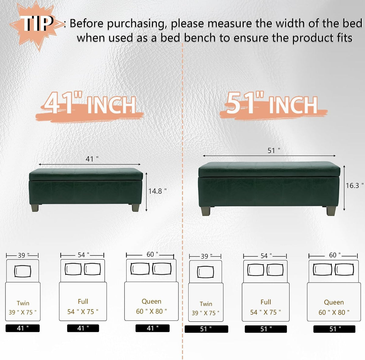 51 Inch Storage Ottoman, Storage Bench with Safety Hinge, Upholstered Synthetic Leather Ottoman Bench for Bedroom, Living Room, Entryway, Hallway, Foot Rest, Support 500lbs