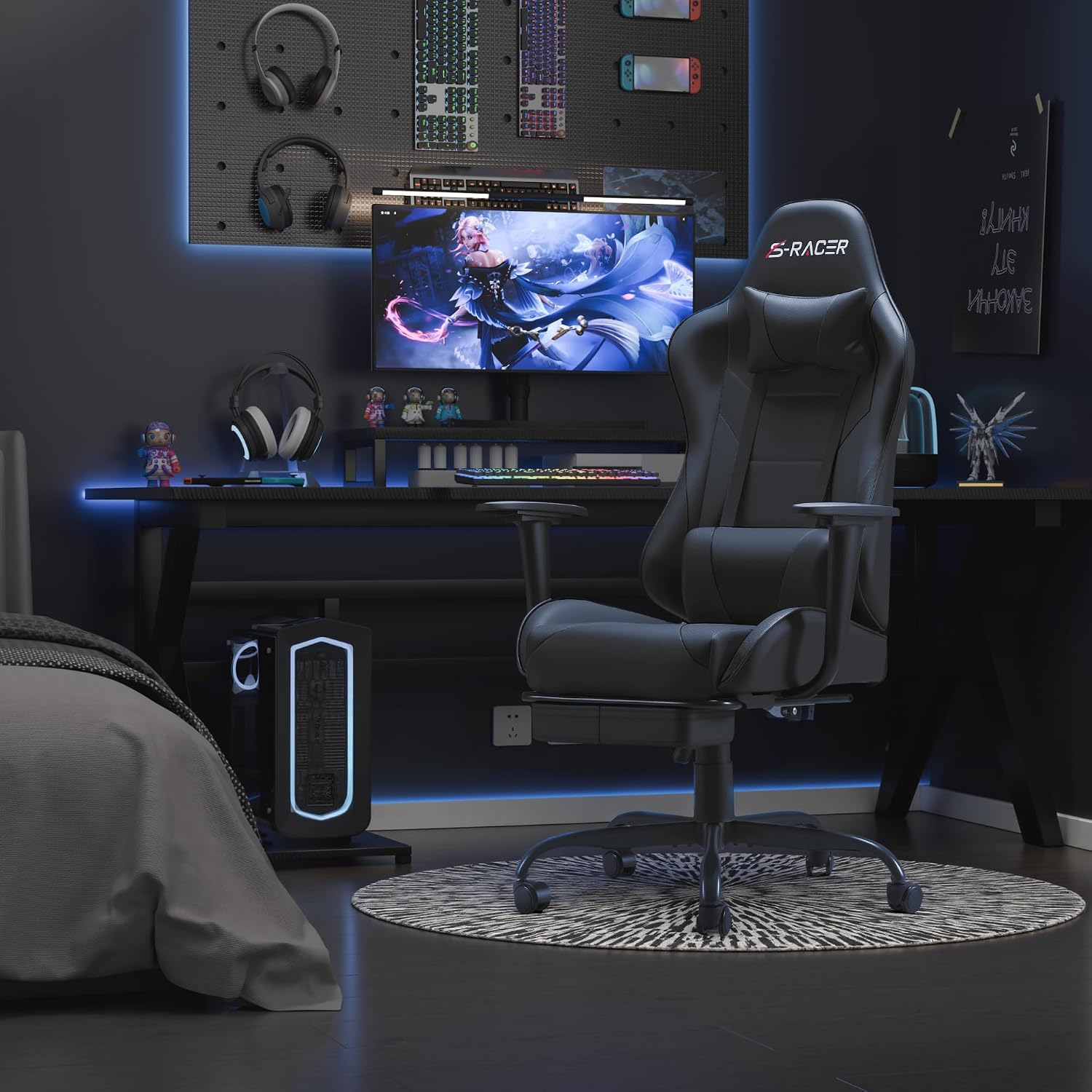 Homall Gaming Chairs, Computer Chair with Footrest and Massage Lumbar Support, Height Adjustable Game Chair with Headrest and Swivel Seat (Black)