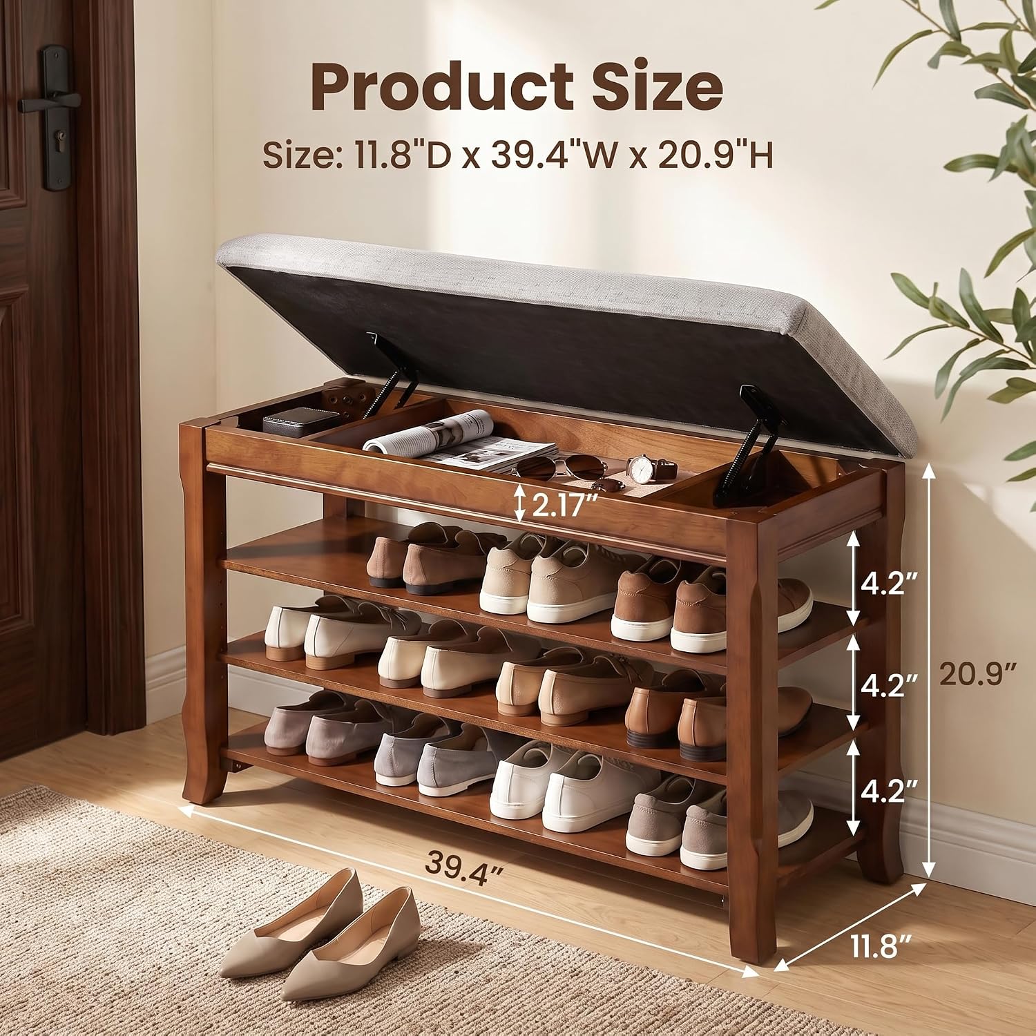 SolidWood Entryway Shoe Rack Storage Bench, Flip-Top Soft-Close Lid, 39.4'' | 550 lbs Max Load, Adjustable Shelves, Cushioned Entryway Shoe Organizer for Closet, Hallway, Foyer