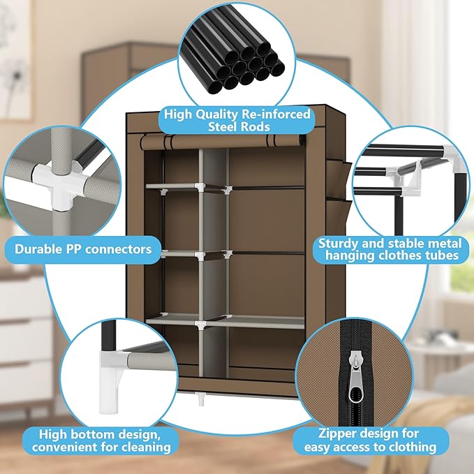 Calmootey Portable Closet Organizers, Clothing Storage, Wardrobe with 6 Shelves and Hanging Rod, Non-Woven Fabric Cover with 4 Side Pockets, Brown
