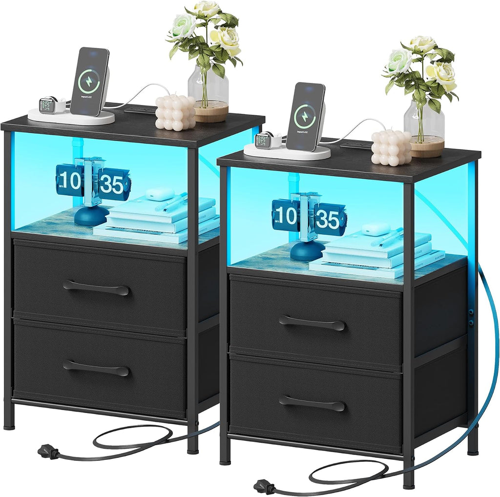 TRIFEBLE Nightstands Set of 2, Night Stand with Charging Station and Led Lights, Bedside Table with 2 Fabric Drawers for Bedroom, Small Side End Table with Open Shelf, Black