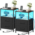TRIFEBLE Nightstands Set of 2, Night Stand with Charging Station and Led Lights, Bedside Table with 2 Fabric Drawers for Bedroom, Small Side End Table with Open Shelf, Black