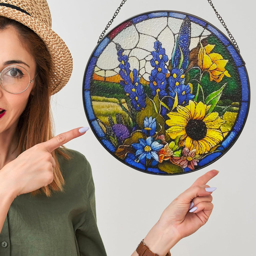 Sunflower Lavender Suncatcher Stained Glass Window Hanging, 9.8'' Hand-Painted Floral Sun Catcher Window Wall Decor with Chain, Birthday Gifts for Mom Grandma Wife