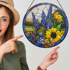 Sunflower Lavender Suncatcher Stained Glass Window Hanging, 9.8'' Hand-Painted Floral Sun Catcher Window Wall Decor with Chain, Birthday Gifts for Mom Grandma Wife