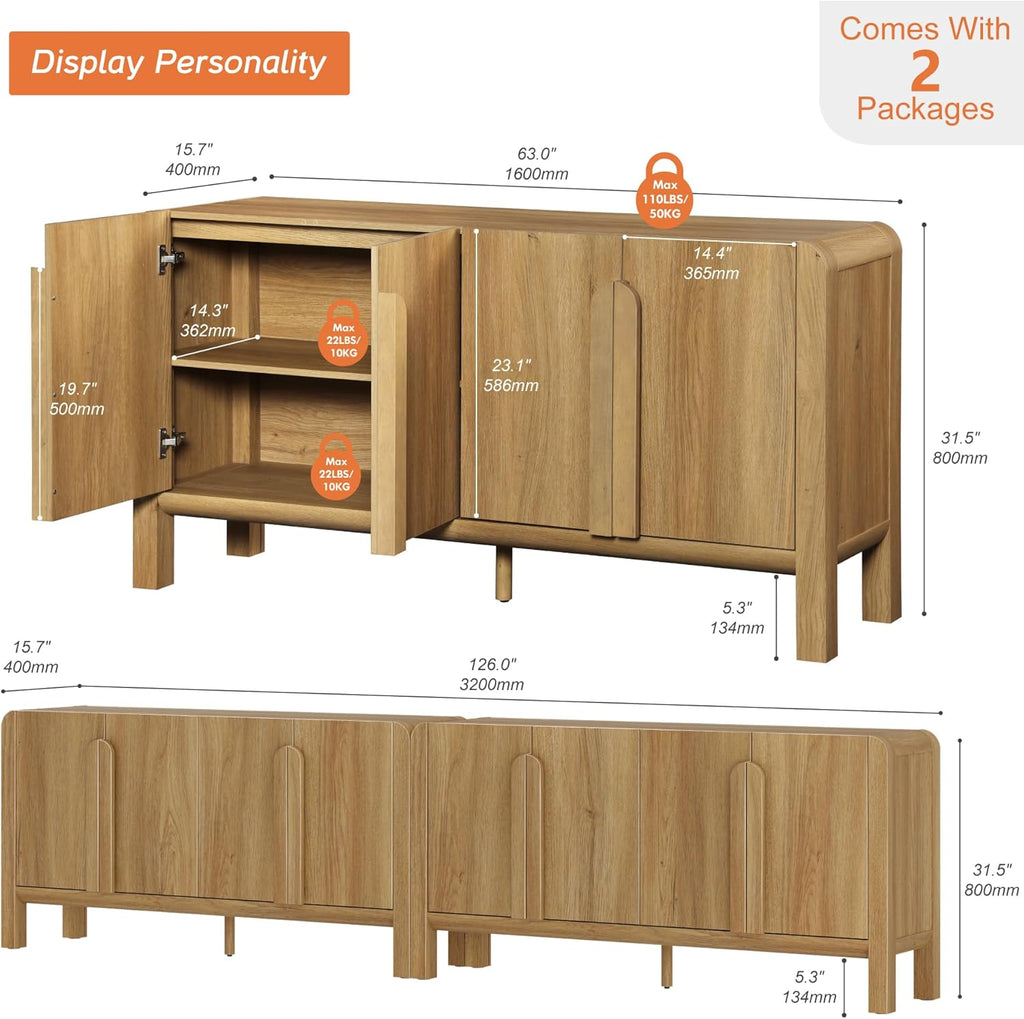 WAMPAT 63" W Large Buffet Sideboard Cabinet with Storages, Modern Buffet Table Coffee Bar Wine Bar Storage Curved Cabinet with 4 Doors for Dining Room, Living Room, Kitchen, Light Walnut