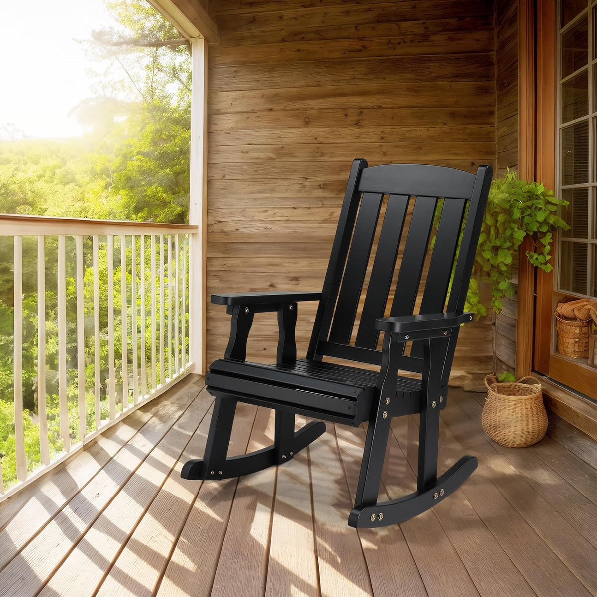 VINGLI Outdoor Rocking Chair, Heavy Duty 600 LBS Wooden Rocker, Black(1PC) | High & Comfortable Backrest, Weatherproof Patio Rocker with Ergonomic Design, for Patio, Garden, Porch