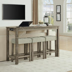 KEIKI 4-Piece Bar Table Set with Charging Station - 59" Industrial Kitchen Table & 3 Upholstered Stools, USB/Type-C/AC Outlets, Solid Wood Frame - for Dining Room, Apartment, Living Room (Brown)