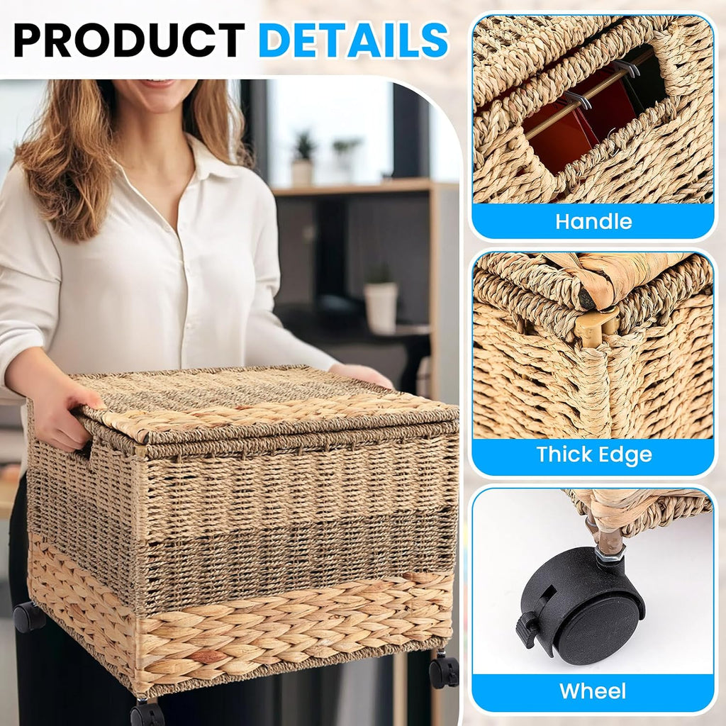 Cinnvoice Decorative Rolling File Cabinet 18 x 16 x 13 in Seagrass Wicker File Box Organizer for Letter & Legal Size Handwoven Hanging Filing Basket with Lid for Folder Home Office Decor Tricolor