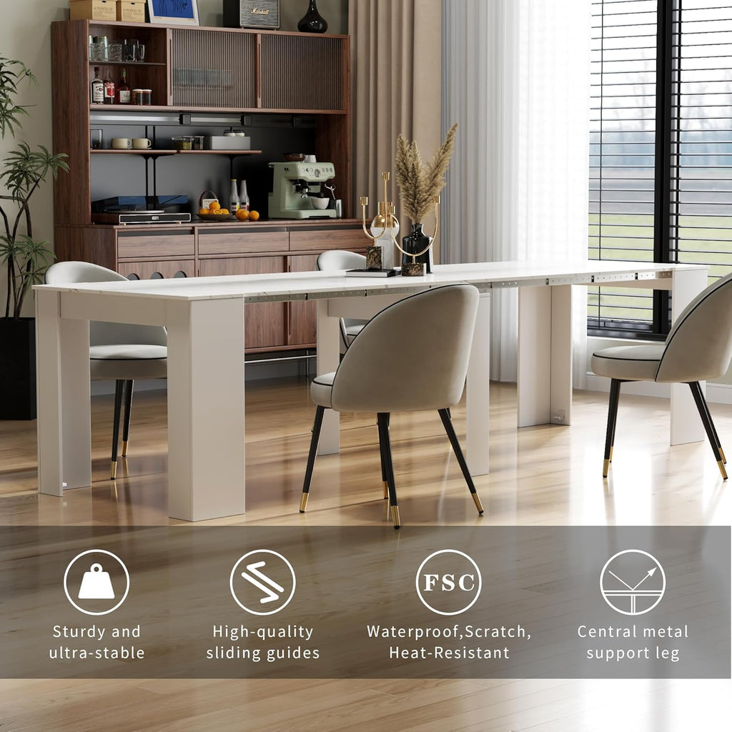 Extendable Dining Table, Transformer Console Table for 1-12 People, Folding Space Saving Dining Room Table for Homes, Apartments, Marble White