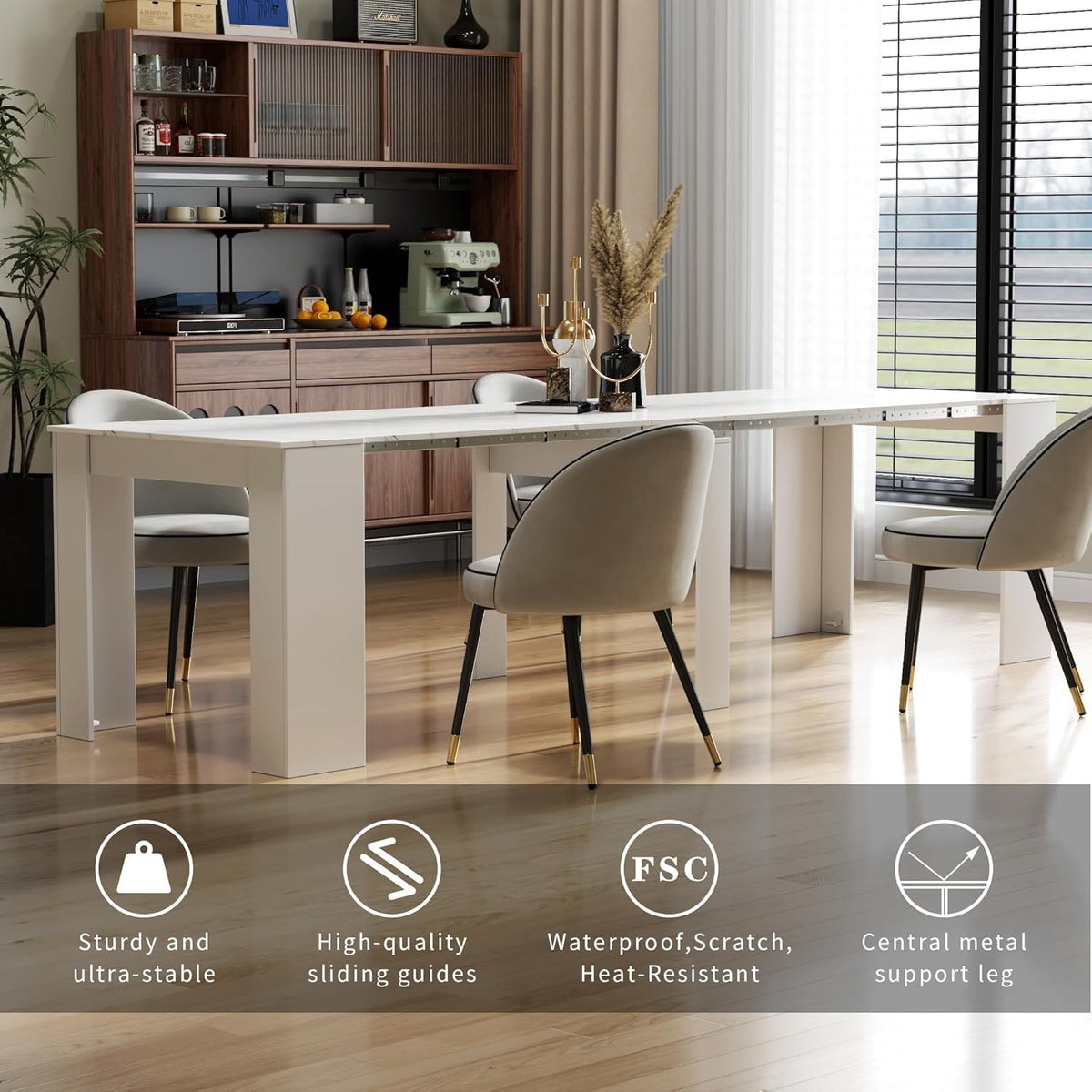 Extendable Dining Table, Transformer Console Table for 1-12 People, Folding Space Saving Dining Room Table for Homes, Apartments, Marble White