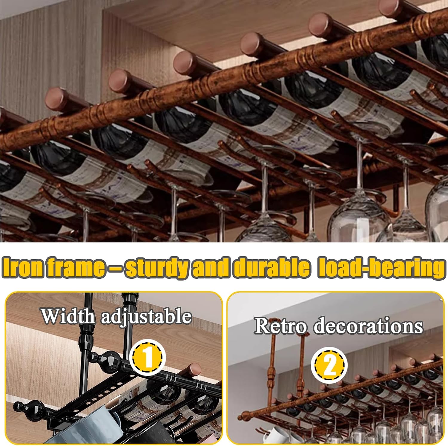 Suspended Ceiling Wine Rack,Hanging Wine Glass Holder 80x30cm,Gold | Industrial Iron Wine Adjustable Height (11.8"-23.6"), Champagne and Stemware Display Holder for Bar/Kitchen Organizer