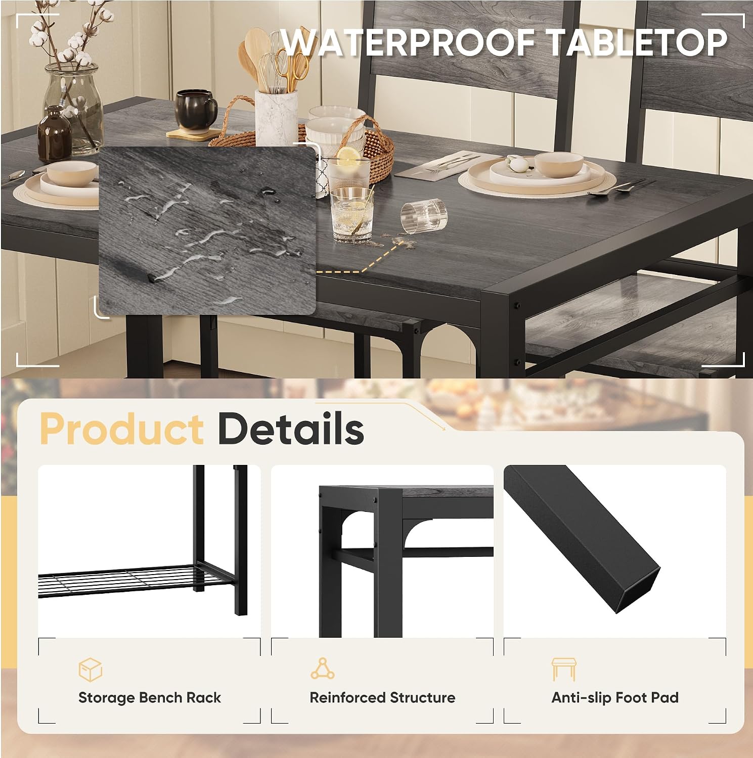 Shahoo Kitchen Table and 2 Chairs for 4 with Bench | 4 Piece Dining Sets for Small Space, Dark Grey