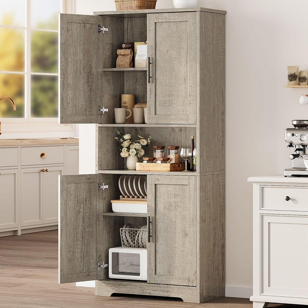 GarveeHome Tall Storage Cabinet, 70 in Kitchen Pantry Cabinet with Doors and Adjustable Shelves, Rustic Wooden Cupboard for Dining Room, Living Room,Gray