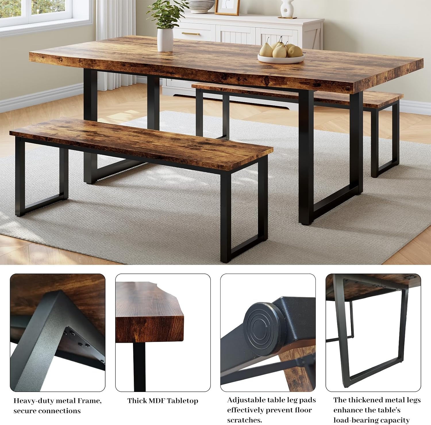 HIPIHOM 63" Dining Table with 2 Benches, Modern Kitchen Table and Chairs Set for 4, Thickened MDF Wooden Table for Kitchen, Dining Room, Office