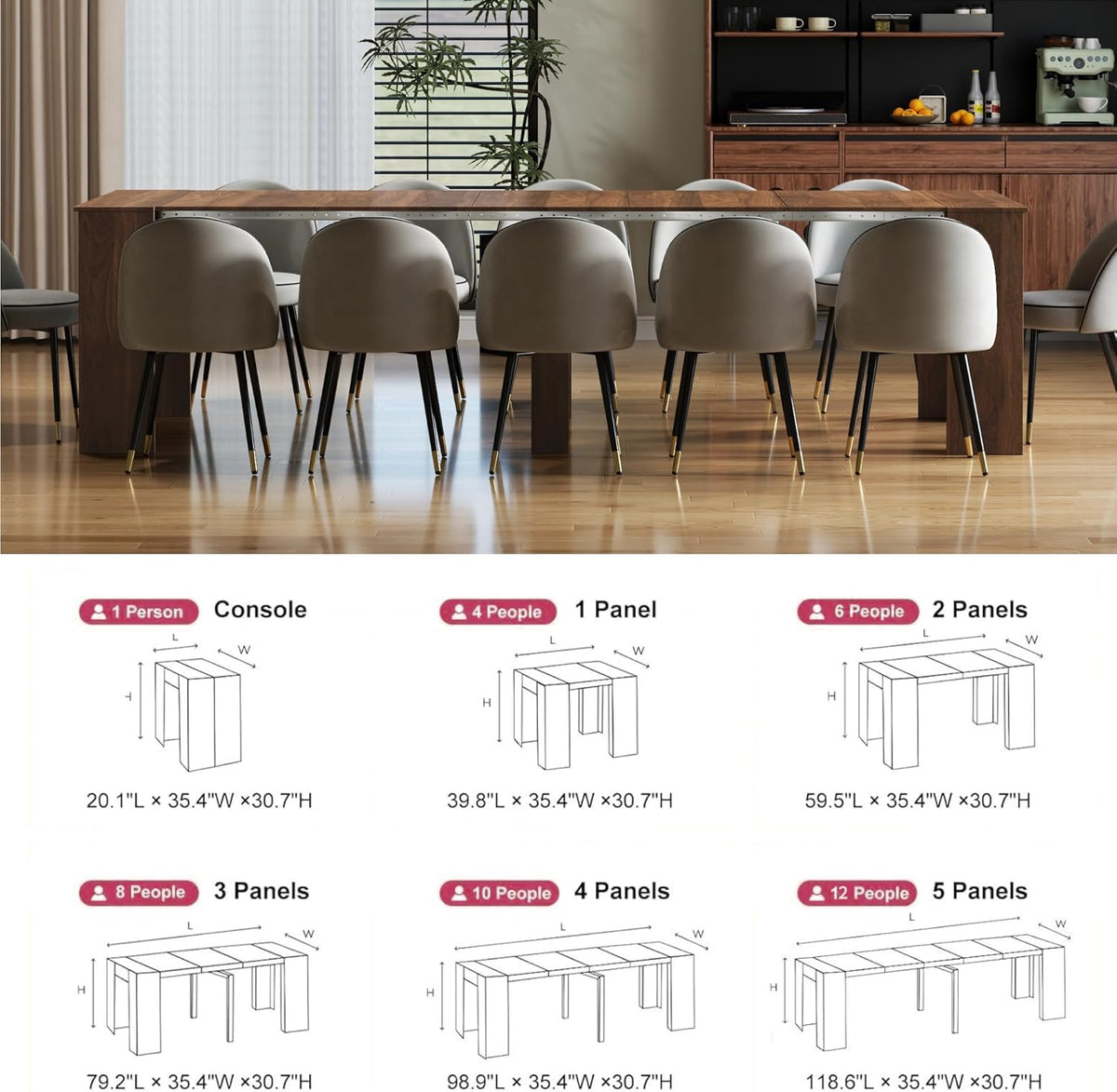 Extendable Dining Table, Transformer Extra Console Table for 1-12 People, Folding Space Saving Dining Room Table for Homes, Apartments, Walnut