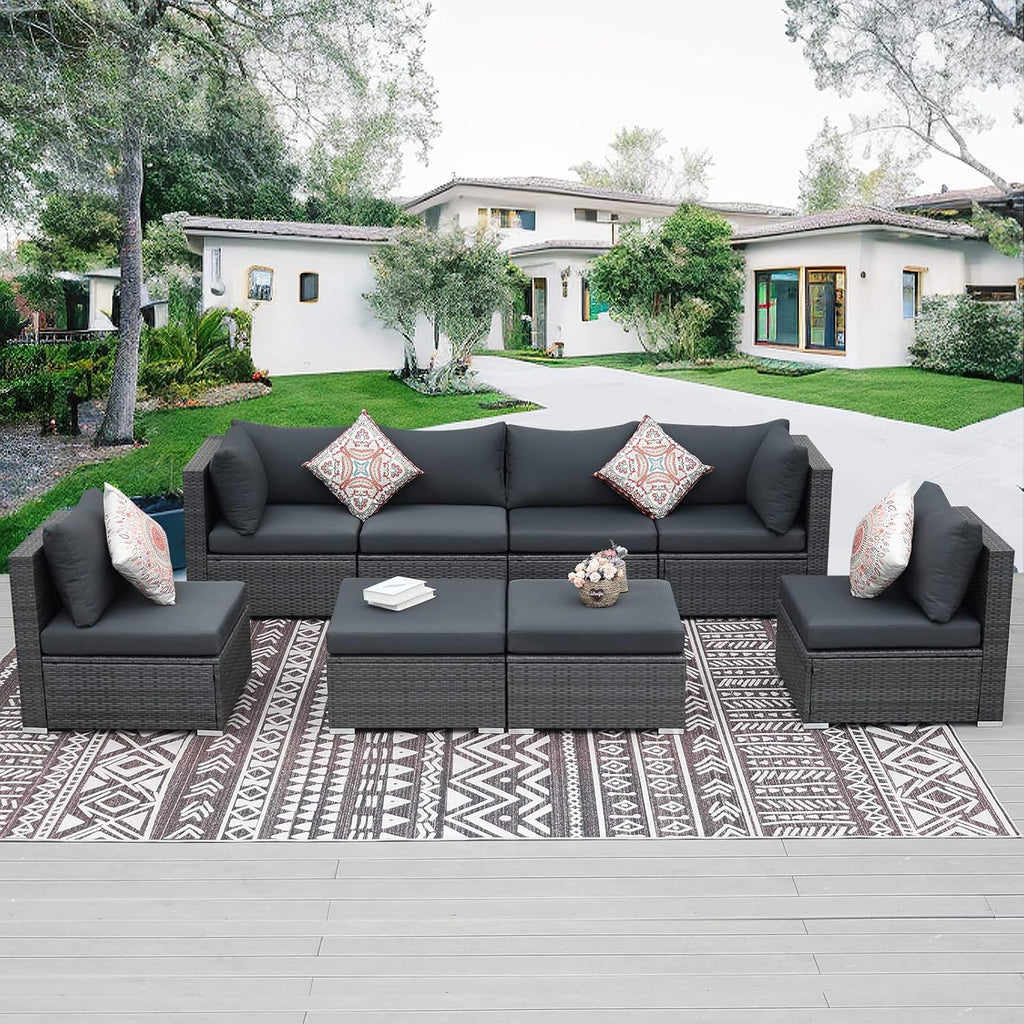 NICESOUL Modern Luxury All-Weather Outdoor Wicker Ottoman Set of 2, 500 Lbs Alloy Steel Frame Footrest, Comfortable Wide Deep Seat 2-Piece Rattan Foot Stool with Padded Cushion for Patio, Dark Gray