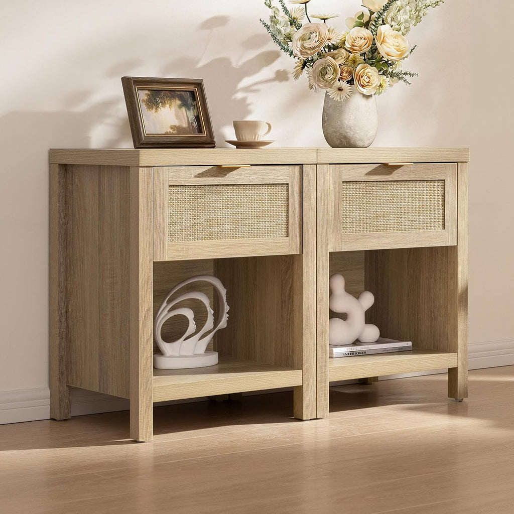 SICOTAS Nightstands Set of 2 Rattan Night Stand with Drawer | Farmhouse Bedside Table with Storage Shelf - Boho End Side Table for Bedroom, Light Oak