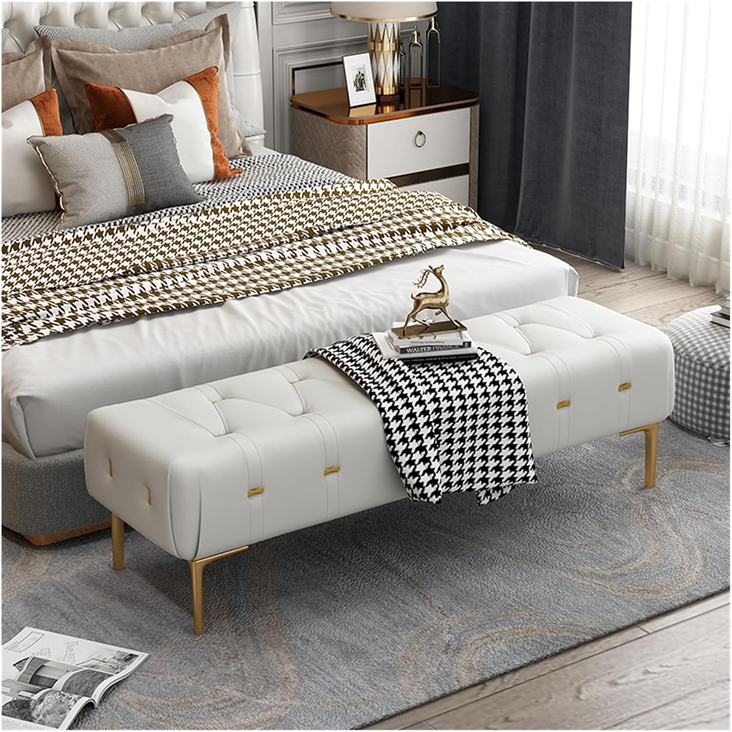 Modern Upholstered Tufted Bench with Padded Seat, Footrest Foot Stool with Sturdy Metal Leg, Leather for Bedroom Living Room Entryway Entryway(Light Grey,100 * 40 * 43cm)