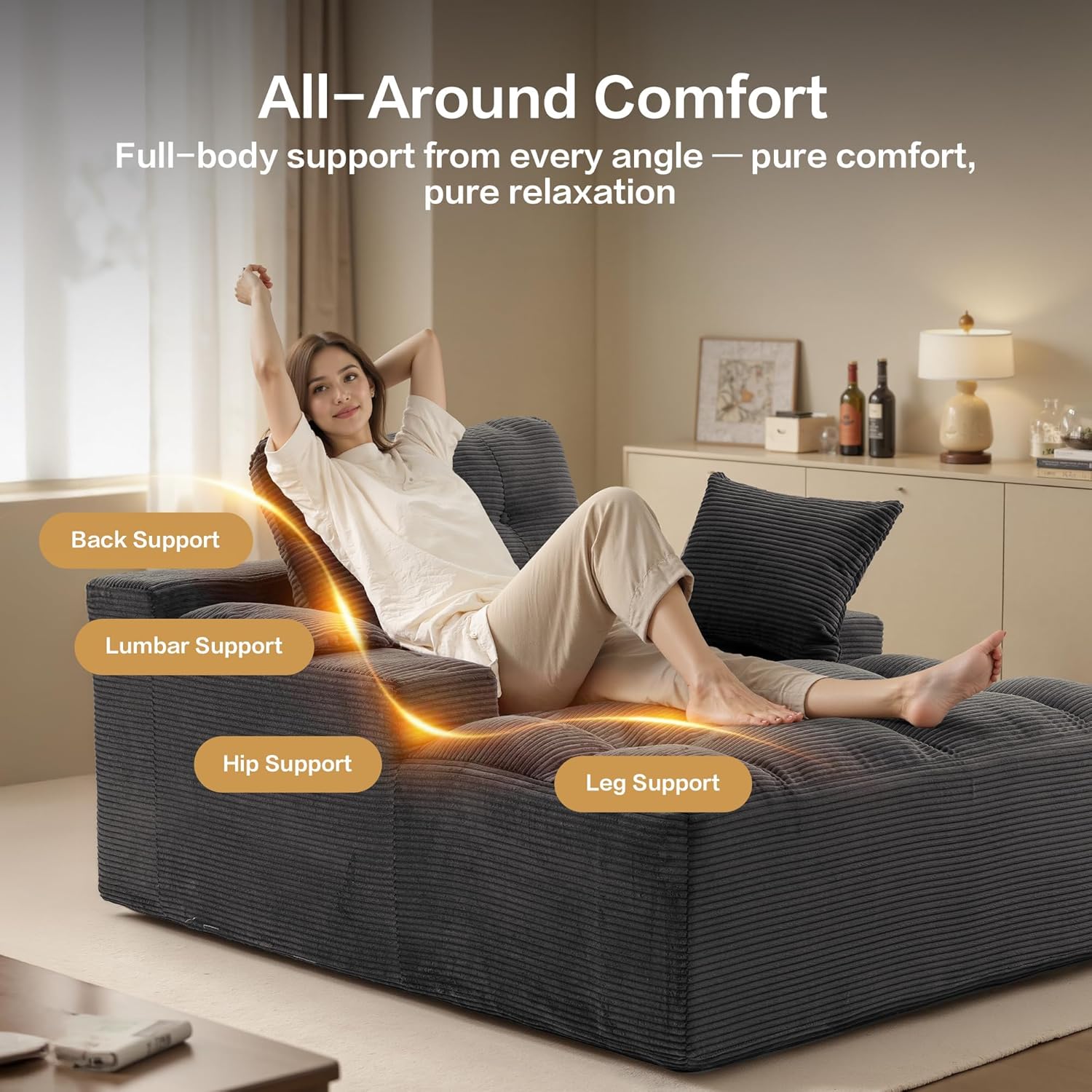 50" Oversized Chaise Lounge Chair Indoor, Plush Faux Fur Cloud Sofa Couch with Pillows, No Assembly Deep Seat Reading Chair Bed, Cozy Floor Couch for Living Room or Bedroom