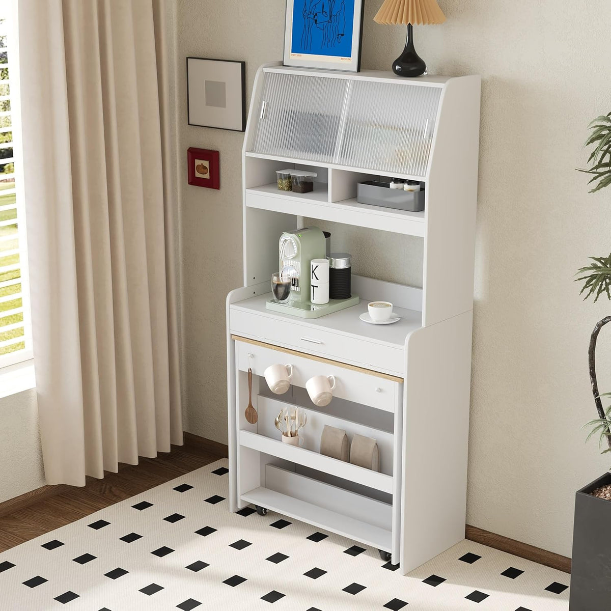 Spaco 2-in-1 Folding Dining Table and Buffet Cabinet Set,Compact Pull-Out Kitchen Table with Wheels,Storage Shelf and Side Hooks,Multifunctional Cupboard for Small Place (White & Oak)