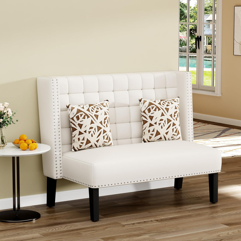 White Faux Leather Loveseat Settee, Modern Tufted Upholstered Bench with Back for Kitchen Dining Room Living Room, High Back Banquette Seating Sofa Couch with Wood Legs